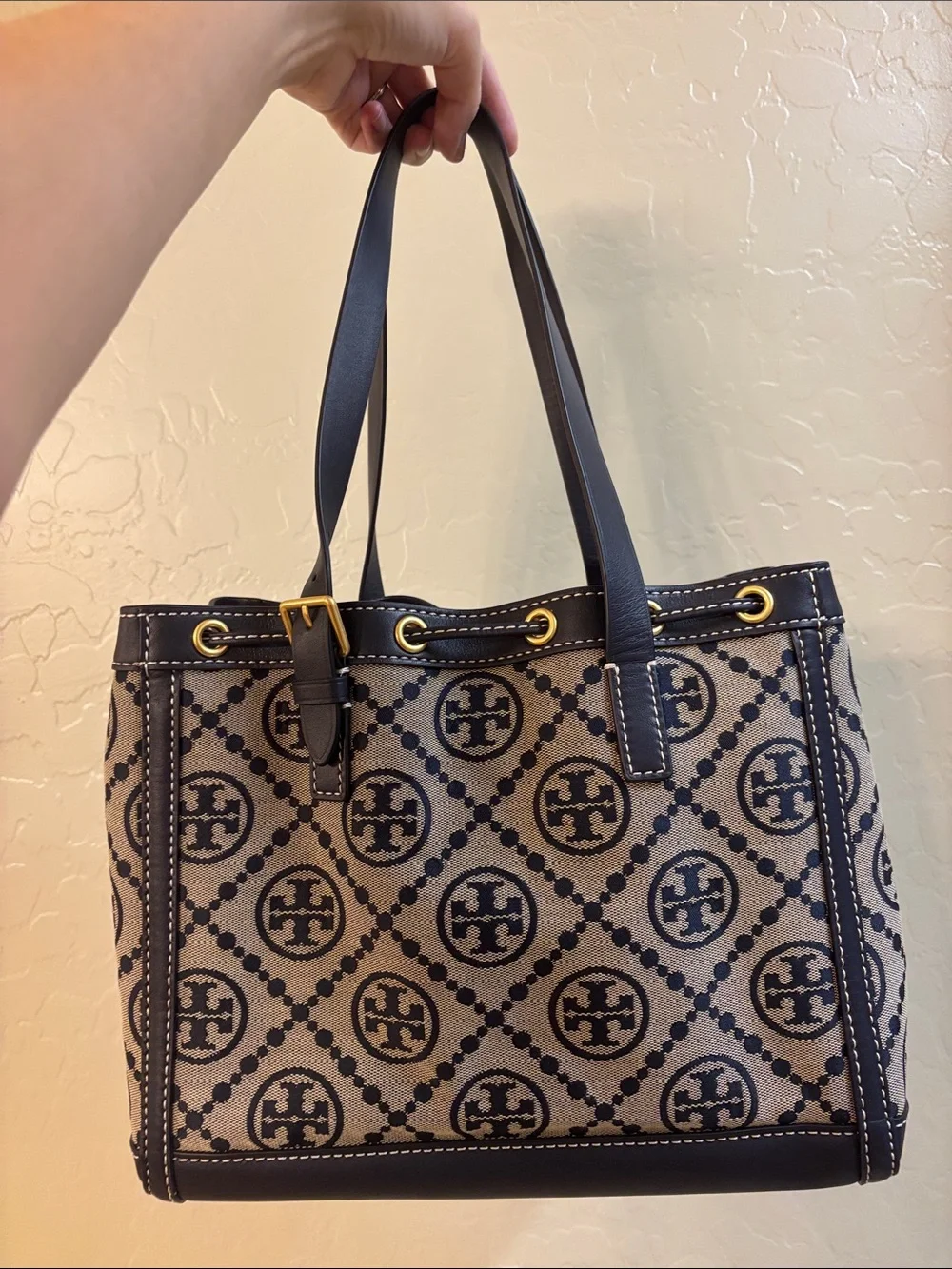 Tory Burch Navy and Beige Logo Jacquard Drawstring Tote